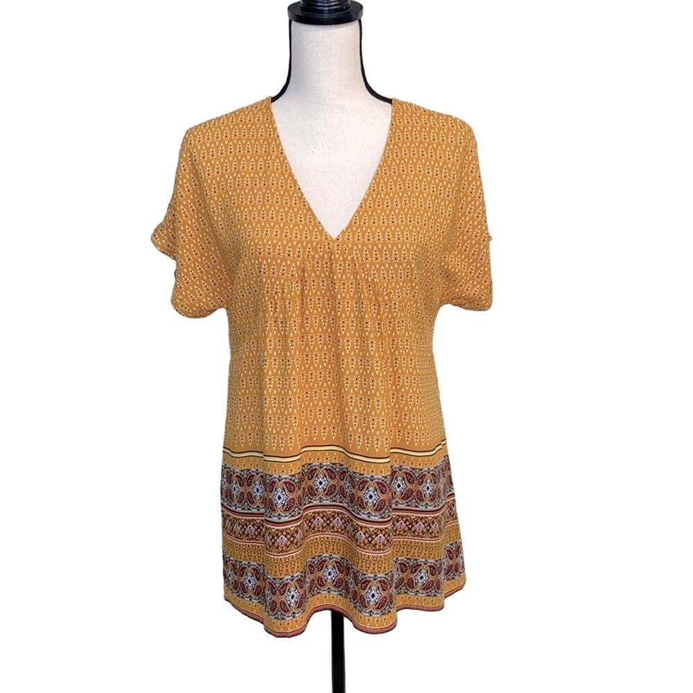 Doe & Rae Boho V-Neck Mustard Designed Top Size Medium